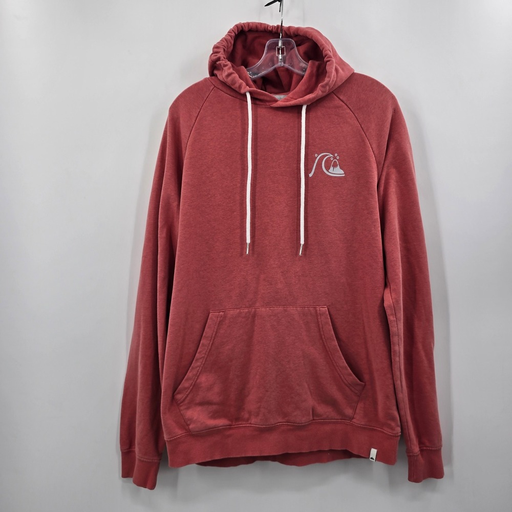 Quiksilver Mens Large Red Raglan Pullover Hoodie Surf Logo Graphic Pocket